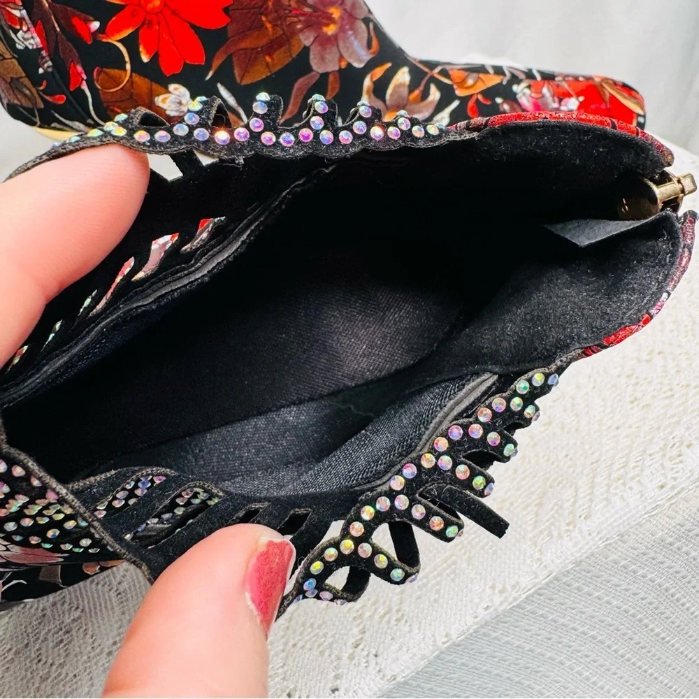 Floral Velvet Rhinestone Ankle Boots Sz 42 (US 10.5) Statement Stiletto Heel - Picture 9 of 16